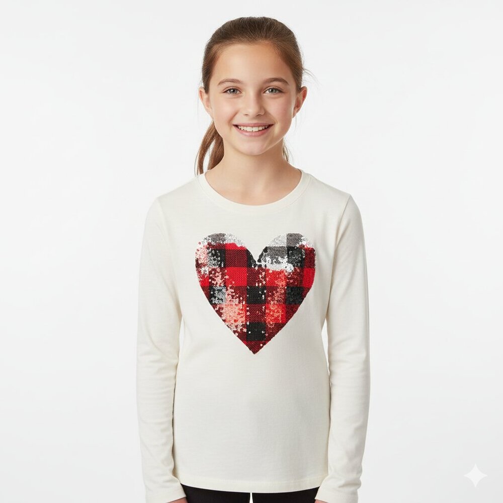 Cat & Jack Girls’ Sequin Heart Long Sleeve Top – Size L (10/12)